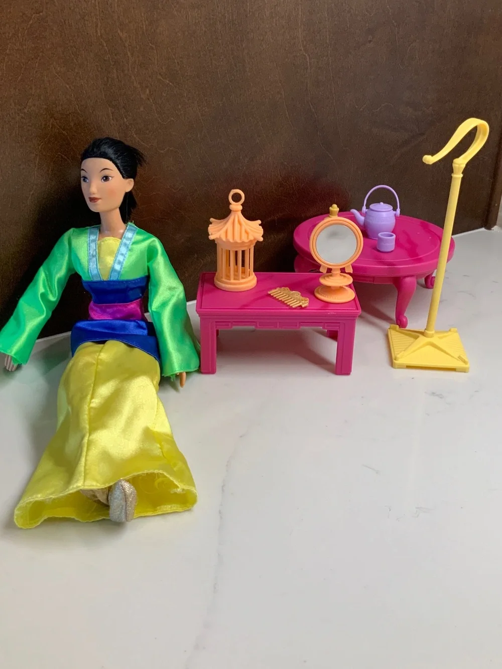 Disney Mattel Mulan Barbie Doll and Accessories-Tea Table, Bench Cricket Cage